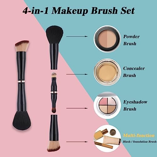TIESOME 4-in-1 Makeup Brush Set - Double Ended Foundation, Blush, Eyeshadow, Concealer & Powder Brush - All-in-One Travel Makeup Brushes Avelisse