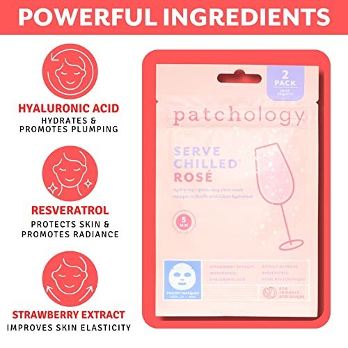 Patchology Serve Chilled Rosé Facial Sheet Mask - Hydrating & Soothing Face Mask with Hyaluronic Acid for Glowing Skin, Rosé Scented Self-Care Spa Experience - 2 Pairs - görsel 8