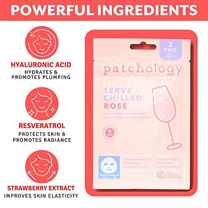 Patchology Serve Chilled Rosé Facial Sheet Mask - Hydrating & Soothing Face Mask with Hyaluronic Acid for Glowing Skin, Rosé Scented Self-Care Spa Experience - 2 Pairs