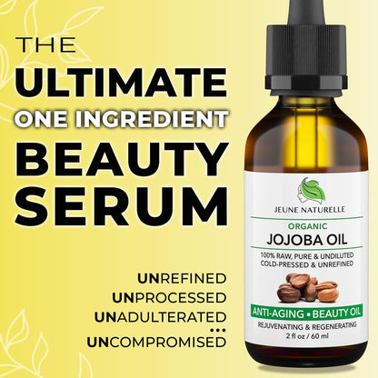 Jeune Naturelle Organic Cold Pressed Jojoba Oil - 100% Pure, Raw, Virgin, Unrefined for Hair and Skin - 2 oz