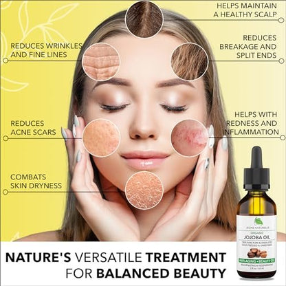 Jeune Naturelle Organic Cold Pressed Jojoba Oil - 100% Pure, Raw, Virgin, Unrefined for Hair and Skin - 2 oz
