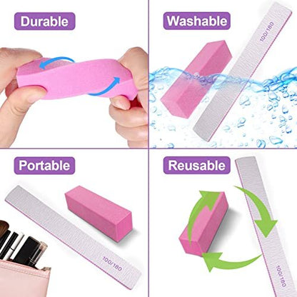24 Pack Nail Files and Buffers Set - 4-Sided Emery Board Sponge Buffing Blocks for Acrylic and Natural Nails, 100/120/180 Grit, Professional Manicure Tool, Gray