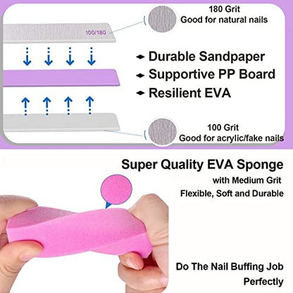 24 Pack Nail Files and Buffers Set - 4-Sided Emery Board Sponge Buffing Blocks for Acrylic and Natural Nails, 100/120/180 Grit, Professional Manicure Tool, Gray