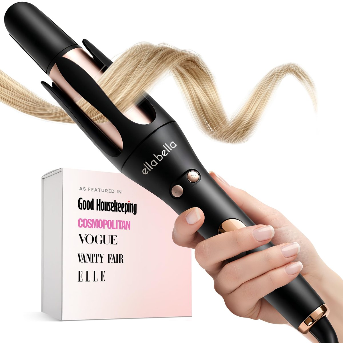 ELLA BELLA® Automatic Rotating Curling Iron – Auto Hair Curler with Digital Display, 1.2 Inch Barrel, Ceramic, Black/Gold Avelisse