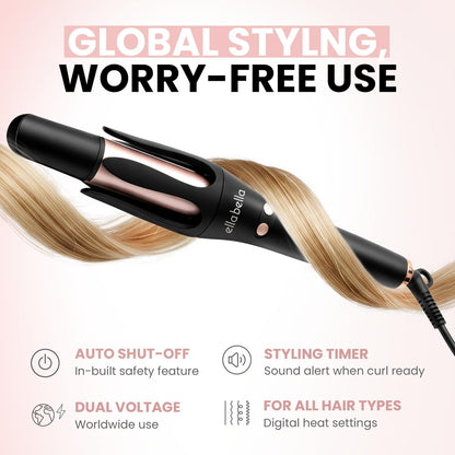 ELLA BELLA® Automatic Rotating Curling Iron – Auto Hair Curler with Digital Display, 1.2 Inch Barrel, Ceramic, Black/Gold Avelisse