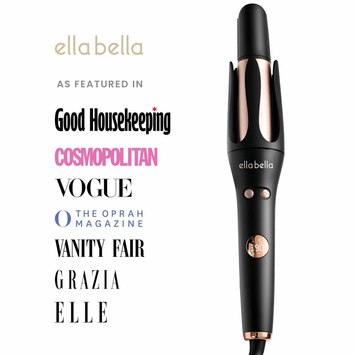 ELLA BELLA® Automatic Rotating Curling Iron – Auto Hair Curler with Digital Display, 1.2 Inch Barrel, Ceramic, Black/Gold Avelisse