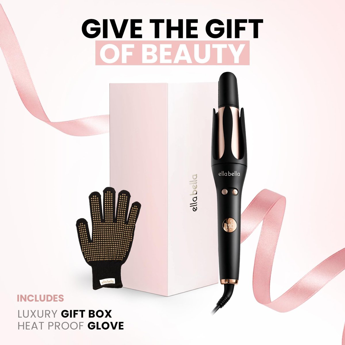 ELLA BELLA® Automatic Rotating Curling Iron – Auto Hair Curler with Digital Display, 1.2 Inch Barrel, Ceramic, Black/Gold Avelisse