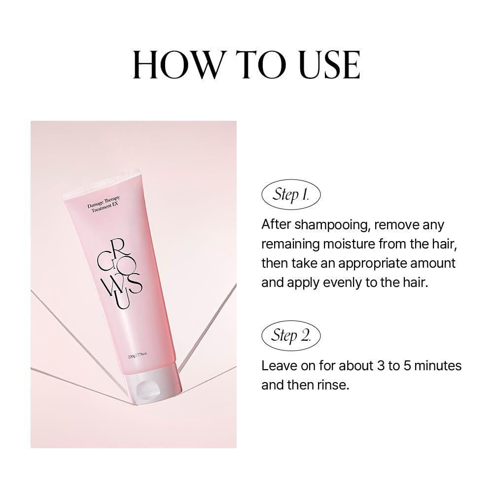 GROWUS Damage Therapy Protein Hair Treatment - 7.43 fl oz Repair & Hydrate Deep Conditioner for Dry, Brittle Hair, Bulgarian Rose Musk Scent, Paraben & Sulfate Free K-Beauty Avelisse
