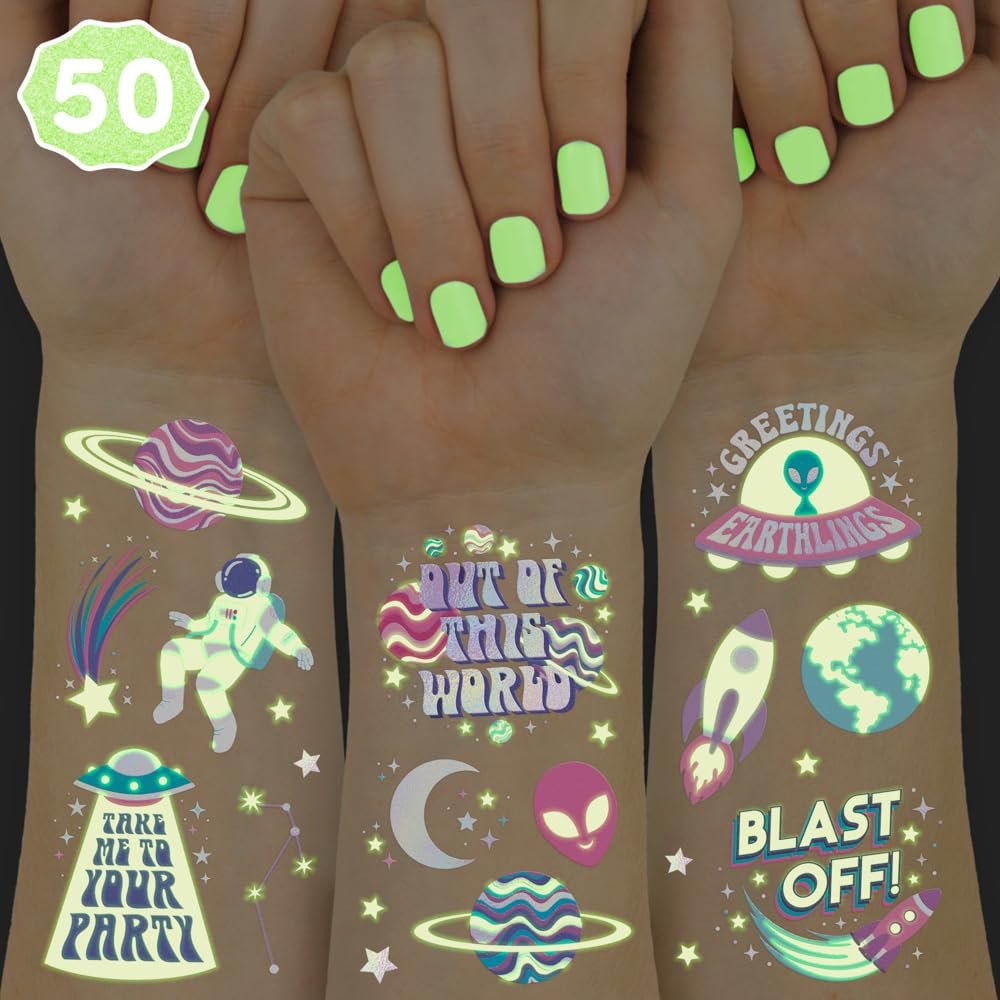 xo, Fetti Space + Planets Glow in Dark Temporary Tattoos for Kids - 50 pcs | Alien Birthday Party Supplies, Astronaut Favors + Rocket Ship Decorations - görsel 1