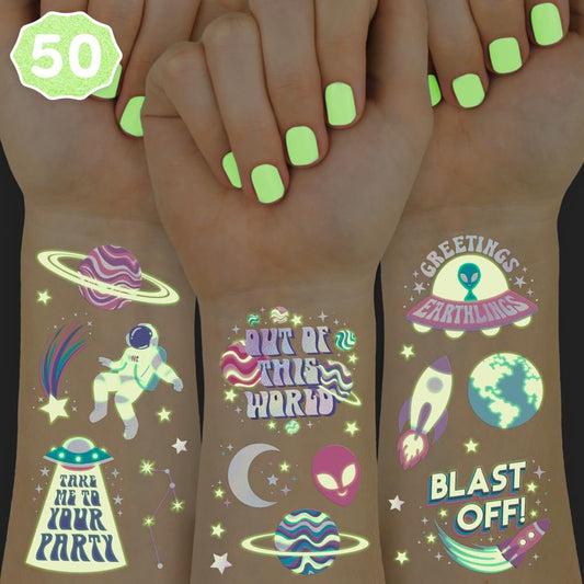 xo, Fetti Space + Planets Glow in Dark Temporary Tattoos for Kids - 50 pcs | Alien Birthday Party Supplies, Astronaut Favors + Rocket Ship Decorations