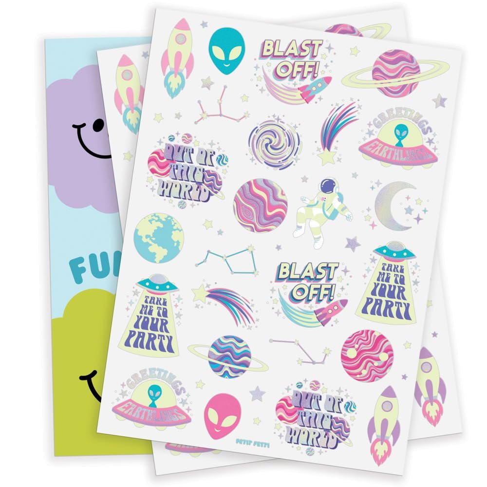 xo, Fetti Space + Planets Glow in Dark Temporary Tattoos for Kids - 50 pcs | Alien Birthday Party Supplies, Astronaut Favors + Rocket Ship Decorations - görsel 15