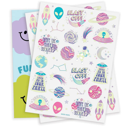 xo, Fetti Space + Planets Glow in Dark Temporary Tattoos for Kids - 50 pcs | Alien Birthday Party Supplies, Astronaut Favors + Rocket Ship Decorations