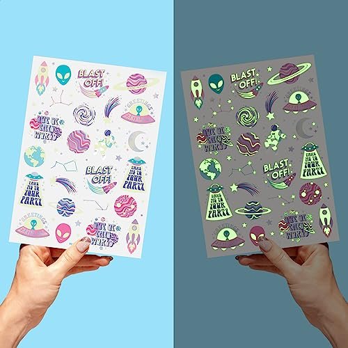 xo, Fetti Space + Planets Glow in Dark Temporary Tattoos for Kids - 50 pcs | Alien Birthday Party Supplies, Astronaut Favors + Rocket Ship Decorations - görsel 10