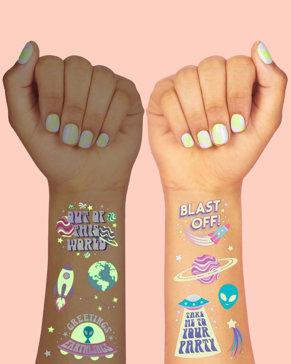 xo, Fetti Space + Planets Glow in Dark Temporary Tattoos for Kids - 50 pcs | Alien Birthday Party Supplies, Astronaut Favors + Rocket Ship Decorations - görsel 5