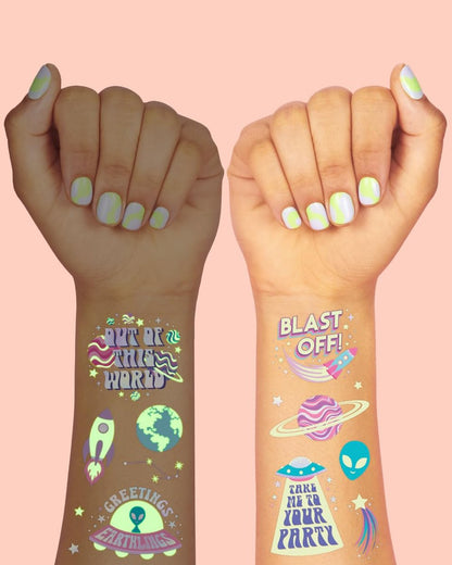 xo, Fetti Space + Planets Glow in Dark Temporary Tattoos for Kids - 50 pcs | Alien Birthday Party Supplies, Astronaut Favors + Rocket Ship Decorations