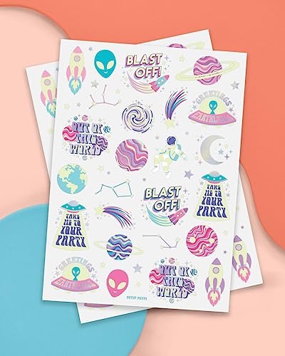 xo, Fetti Space + Planets Glow in Dark Temporary Tattoos for Kids - 50 pcs | Alien Birthday Party Supplies, Astronaut Favors + Rocket Ship Decorations - görsel 4