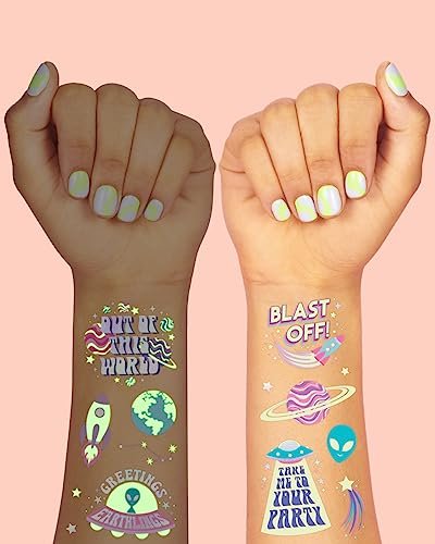 xo, Fetti Space + Planets Glow in Dark Temporary Tattoos for Kids - 50 pcs | Alien Birthday Party Supplies, Astronaut Favors + Rocket Ship Decorations - görsel 6