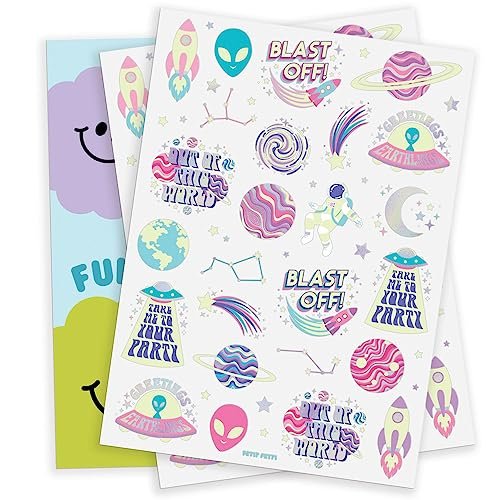xo, Fetti Space + Planets Glow in Dark Temporary Tattoos for Kids - 50 pcs | Alien Birthday Party Supplies, Astronaut Favors + Rocket Ship Decorations - görsel 16