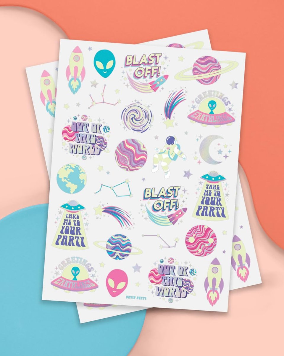 xo, Fetti Space + Planets Glow in Dark Temporary Tattoos for Kids - 50 pcs | Alien Birthday Party Supplies, Astronaut Favors + Rocket Ship Decorations - görsel 3