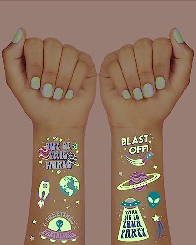 xo, Fetti Space + Planets Glow in Dark Temporary Tattoos for Kids - 50 pcs | Alien Birthday Party Supplies, Astronaut Favors + Rocket Ship Decorations - görsel 14