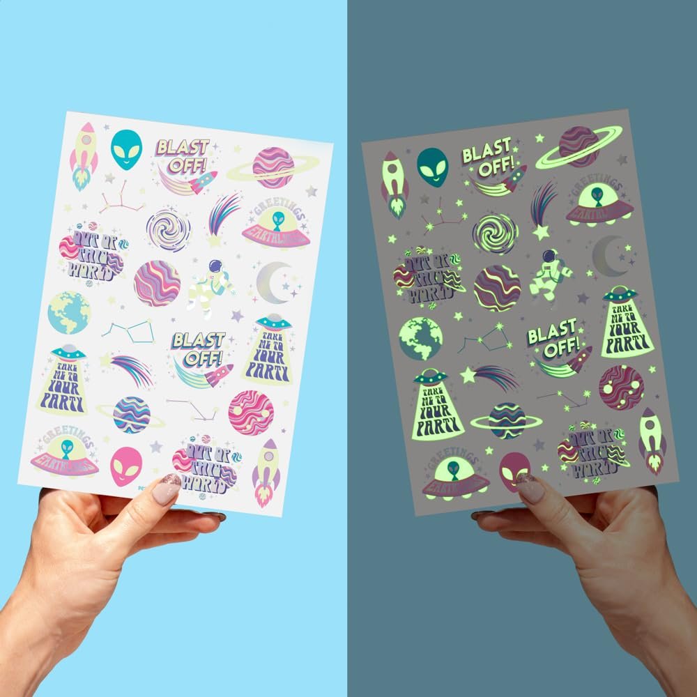 xo, Fetti Space + Planets Glow in Dark Temporary Tattoos for Kids - 50 pcs | Alien Birthday Party Supplies, Astronaut Favors + Rocket Ship Decorations - görsel 9