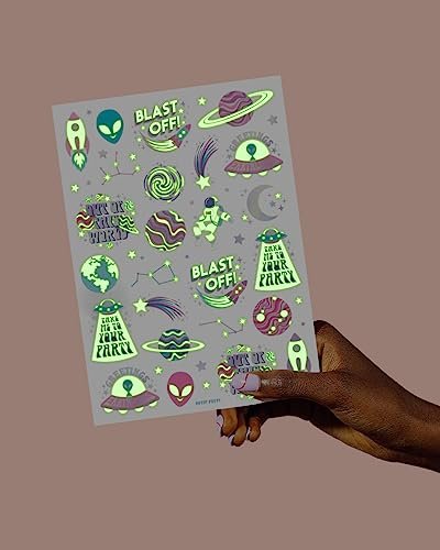 xo, Fetti Space + Planets Glow in Dark Temporary Tattoos for Kids - 50 pcs | Alien Birthday Party Supplies, Astronaut Favors + Rocket Ship Decorations