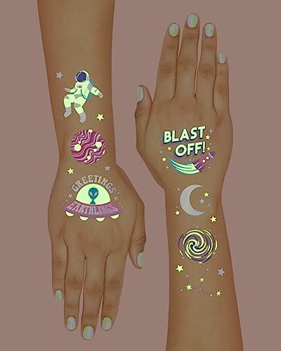 xo, Fetti Space + Planets Glow in Dark Temporary Tattoos for Kids - 50 pcs | Alien Birthday Party Supplies, Astronaut Favors + Rocket Ship Decorations