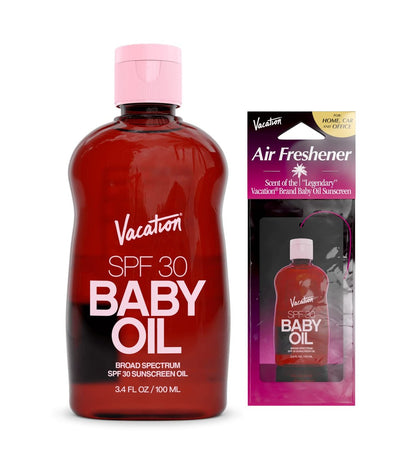 Vacation Baby Oil SPF 30 & Air Freshener Bundle – Hydrating, Nourishing, Mineral-Oil Free Sunscreen for All Skin Tones, Travel Size 3.4 Fl Oz Avelisse