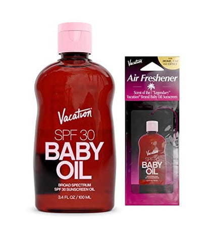 Vacation Baby Oil SPF 30 & Air Freshener Bundle – Hydrating, Nourishing, Mineral-Oil Free Sunscreen for All Skin Tones, Travel Size 3.4 Fl Oz Avelisse