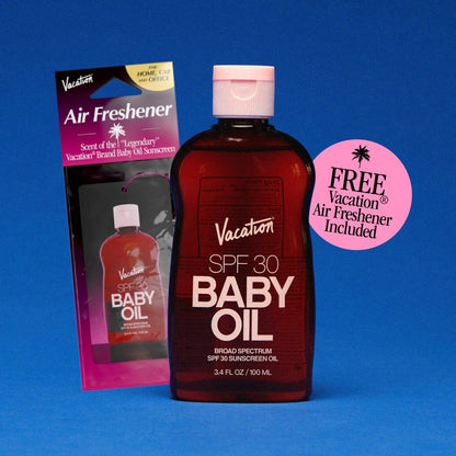 Vacation Baby Oil SPF 30 & Air Freshener Bundle – Hydrating, Nourishing, Mineral-Oil Free Sunscreen for All Skin Tones, Travel Size 3.4 Fl Oz Avelisse