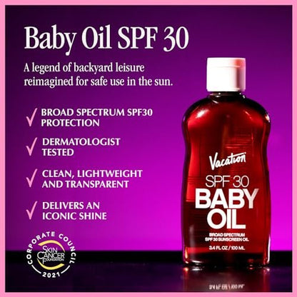Vacation Baby Oil SPF 30 & Air Freshener Bundle – Hydrating, Nourishing, Mineral-Oil Free Sunscreen for All Skin Tones, Travel Size 3.4 Fl Oz Avelisse