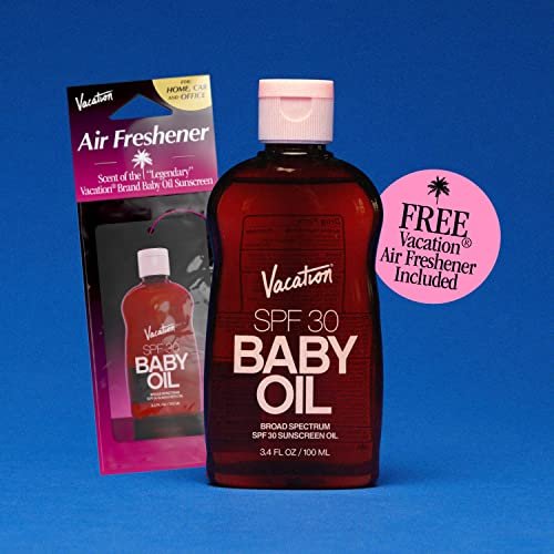 Vacation Baby Oil SPF 30 & Air Freshener Bundle – Hydrating, Nourishing, Mineral-Oil Free Sunscreen for All Skin Tones, Travel Size 3.4 Fl Oz Avelisse
