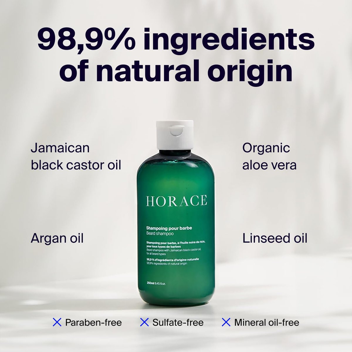 HORACE Beard Shampoo for Men - Sulphate-Free Wash with Castor Oil, Gentle Care for All Skin Types, Woody Aromatic Scent, 250 ml Avelisse