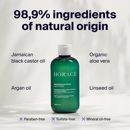 HORACE Beard Shampoo for Men - Sulphate-Free Wash with Castor Oil, Gentle Care for All Skin Types, Woody Aromatic Scent, 250 ml Avelisse