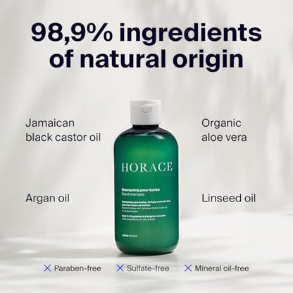 HORACE Beard Shampoo for Men - Sulphate-Free Wash with Castor Oil, Gentle Care for All Skin Types, Woody Aromatic Scent, 250 ml Avelisse