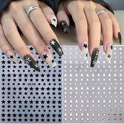 6 Sheets 3D Star Nail Stickers – Glitter Gold, Silver, White & Black Geometry Nail Art Decals for DIY Manicure