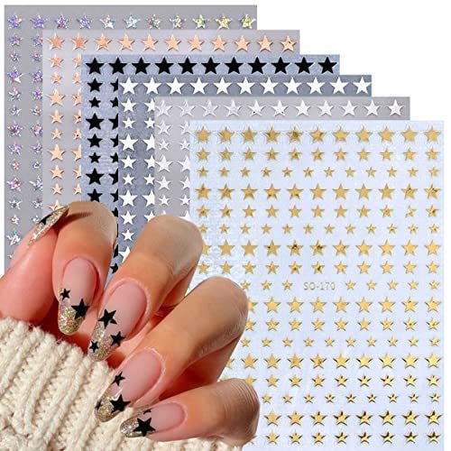 6 Sheets 3D Star Nail Stickers – Glitter Gold, Silver, White & Black Geometry Nail Art Decals for DIY Manicure - görsel 2