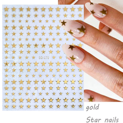 6 Sheets 3D Star Nail Stickers – Glitter Gold, Silver, White & Black Geometry Nail Art Decals for DIY Manicure