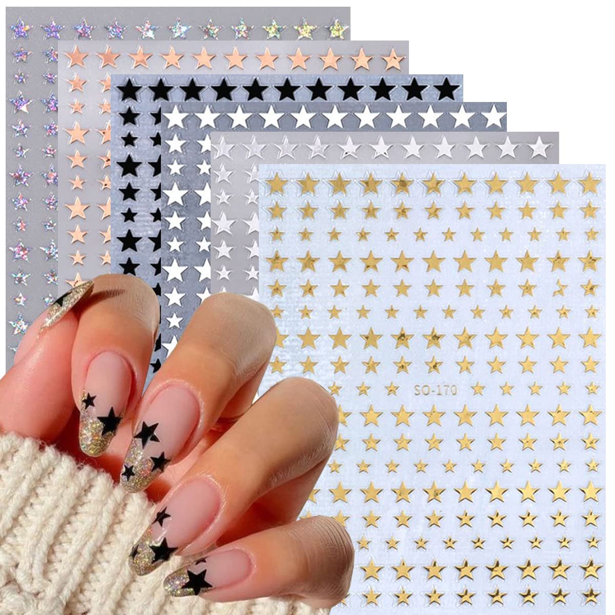 6 Sheets 3D Star Nail Stickers – Glitter Gold, Silver, White & Black Geometry Nail Art Decals for DIY Manicure - görsel 1