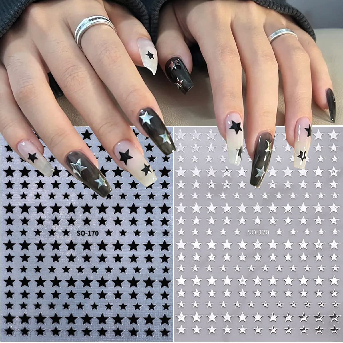 6 Sheets 3D Star Nail Stickers – Glitter Gold, Silver, White & Black Geometry Nail Art Decals for DIY Manicure - görsel 3