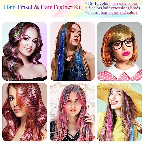 ROADPLUM Hair Tinsel Kit - 16 Colors, 3200 Strands & 12 Colors Hair Feathers - Heat Resistant Shiny Tinsel for Cosplay, Party, and Everyday Glam - görsel 14