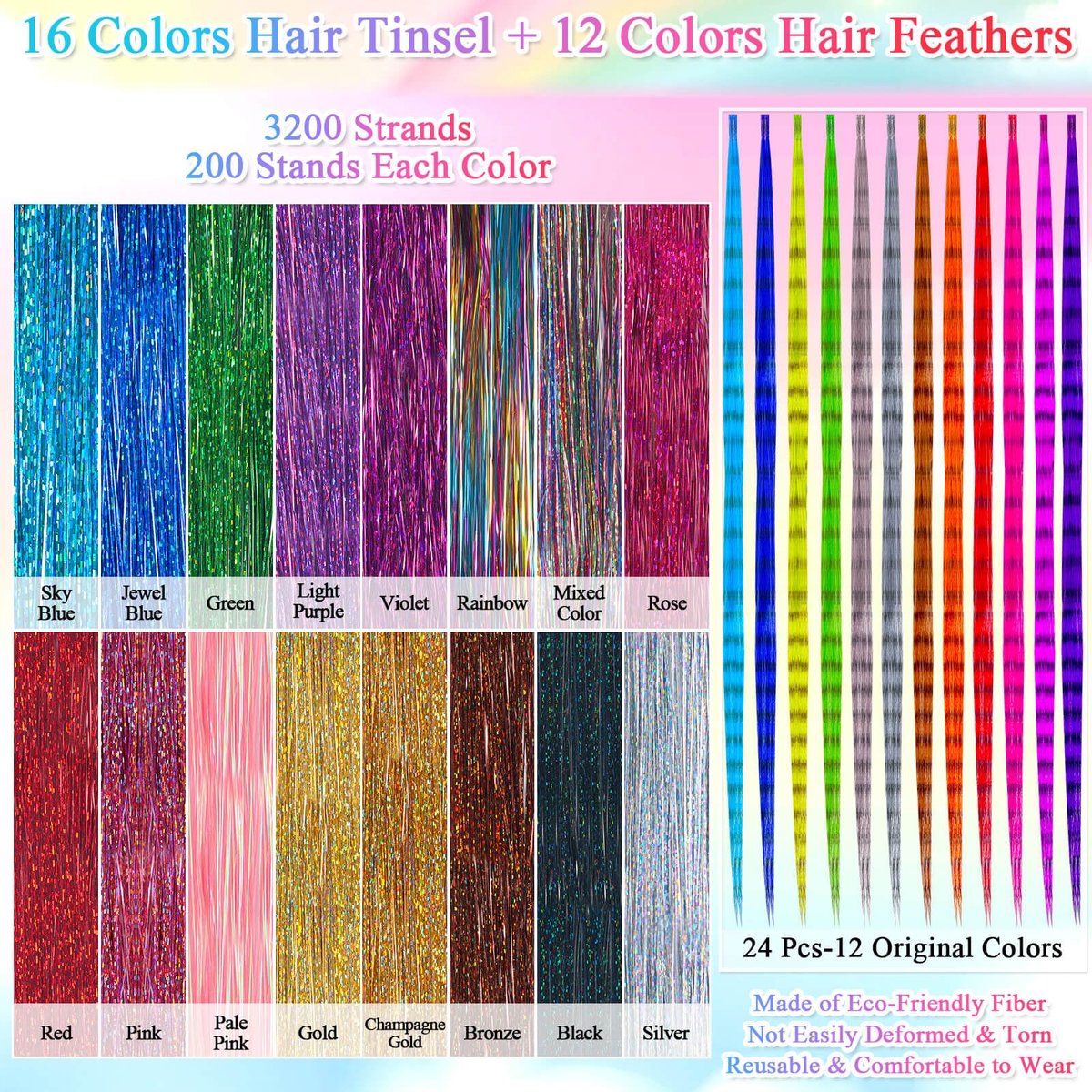 ROADPLUM Hair Tinsel Kit - 16 Colors, 3200 Strands & 12 Colors Hair Feathers - Heat Resistant Shiny Tinsel for Cosplay, Party, and Everyday Glam - görsel 3