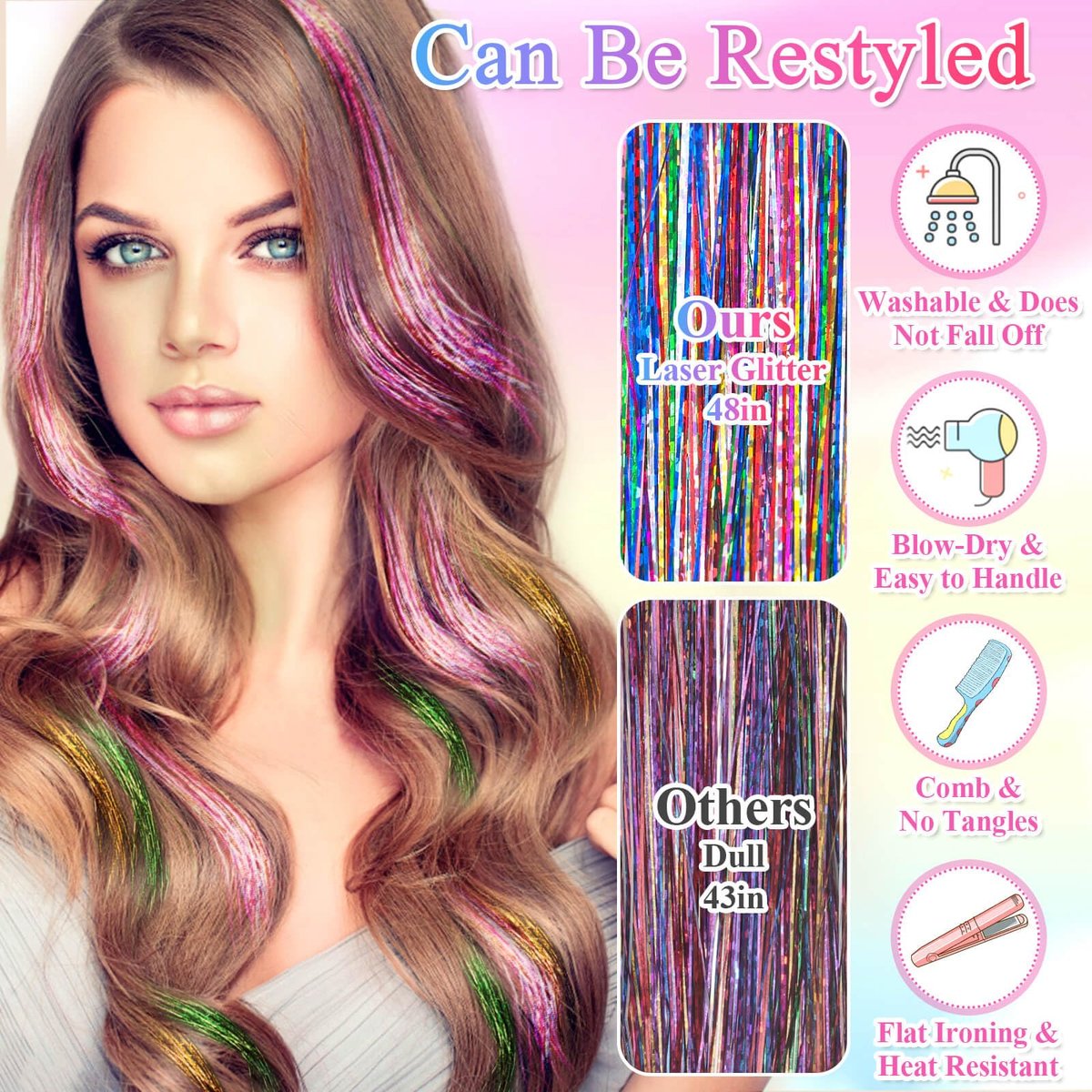 ROADPLUM Hair Tinsel Kit - 16 Colors, 3200 Strands & 12 Colors Hair Feathers - Heat Resistant Shiny Tinsel for Cosplay, Party, and Everyday Glam - görsel 7