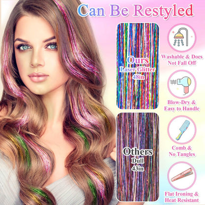 ROADPLUM Hair Tinsel Kit - 16 Colors, 3200 Strands & 12 Colors Hair Feathers - Heat Resistant Shiny Tinsel for Cosplay, Party, and Everyday Glam