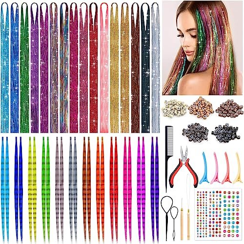 ROADPLUM Hair Tinsel Kit - 16 Colors, 3200 Strands & 12 Colors Hair Feathers - Heat Resistant Shiny Tinsel for Cosplay, Party, and Everyday Glam - görsel 2