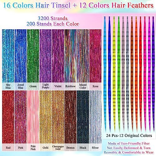 ROADPLUM Hair Tinsel Kit - 16 Colors, 3200 Strands & 12 Colors Hair Feathers - Heat Resistant Shiny Tinsel for Cosplay, Party, and Everyday Glam - görsel 4