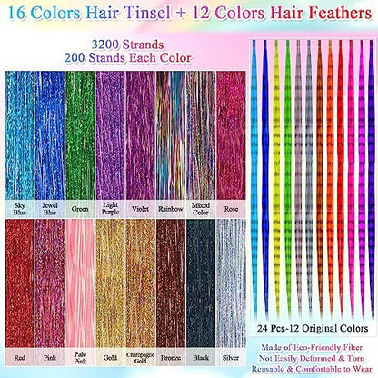 ROADPLUM Hair Tinsel Kit - 16 Colors, 3200 Strands & 12 Colors Hair Feathers - Heat Resistant Shiny Tinsel for Cosplay, Party, and Everyday Glam