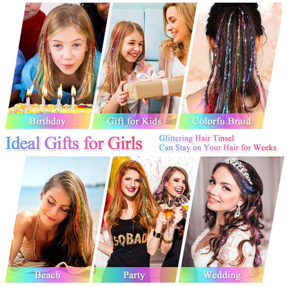 ROADPLUM Hair Tinsel Kit - 16 Colors, 3200 Strands & 12 Colors Hair Feathers - Heat Resistant Shiny Tinsel for Cosplay, Party, and Everyday Glam