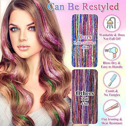 ROADPLUM Hair Tinsel Kit - 16 Colors, 3200 Strands & 12 Colors Hair Feathers - Heat Resistant Shiny Tinsel for Cosplay, Party, and Everyday Glam