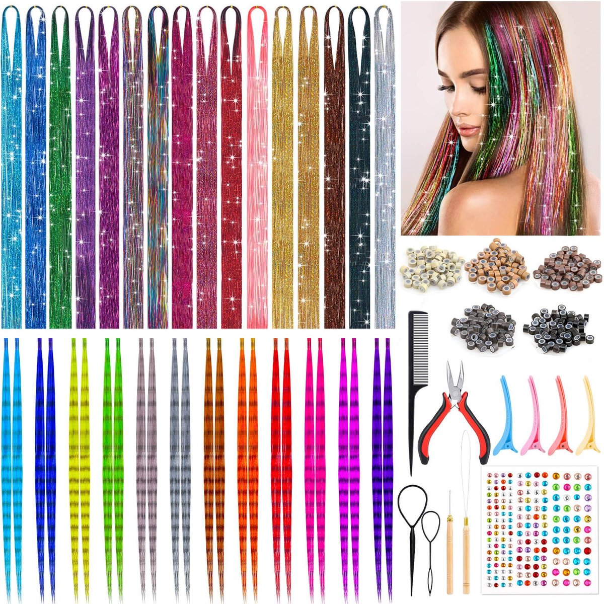 ROADPLUM Hair Tinsel Kit - 16 Colors, 3200 Strands & 12 Colors Hair Feathers - Heat Resistant Shiny Tinsel for Cosplay, Party, and Everyday Glam - görsel 1